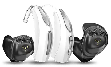 Two white behind‑the‑ear hearing aids with black custom earpieces